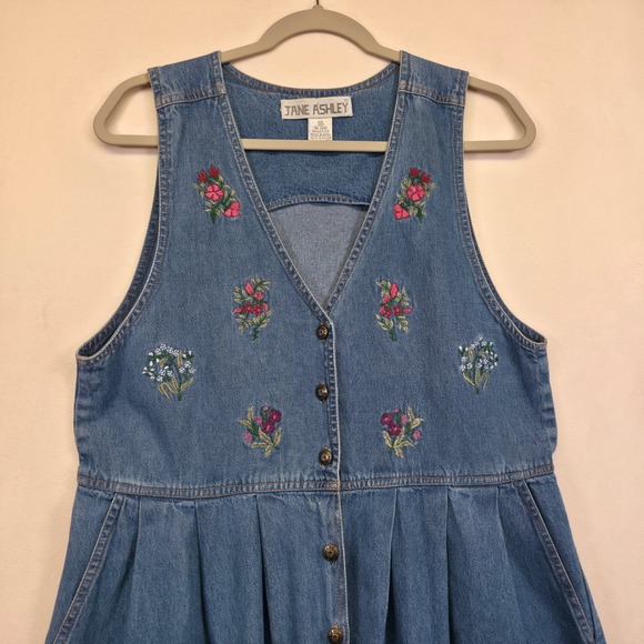 Jane Ashley Denim Dress Women M Blue Floral Embroidered Cottagecore Prairie Midi - Picture 9 of 13